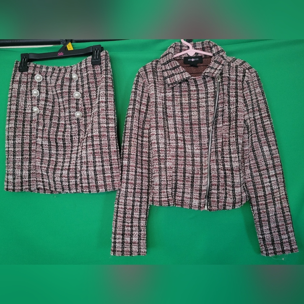 Amy Byer Plaid Skirt Set Long Sleeves Zip Up Jacket Girls Size Small 7/8 Tweed